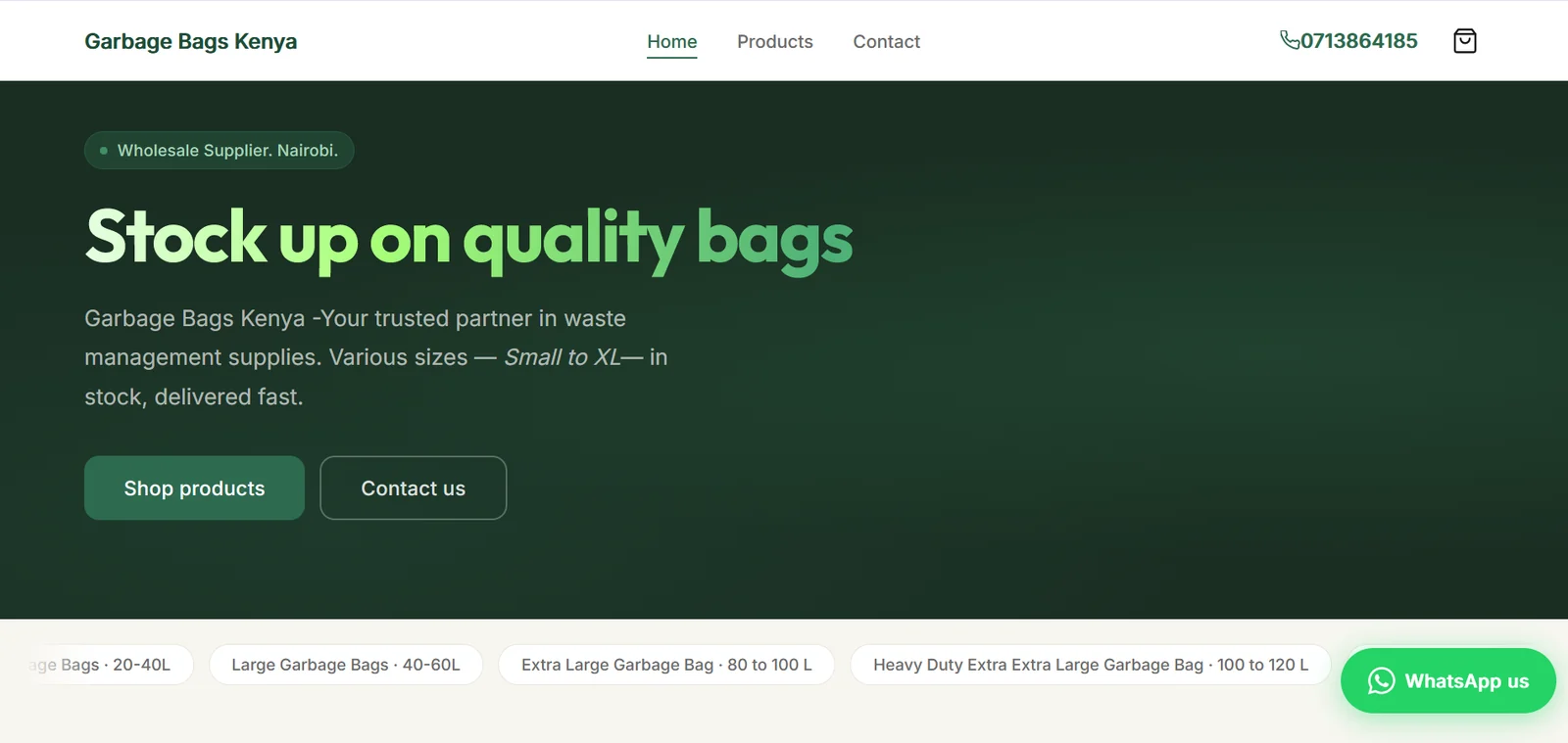 Screenshot of the Garbage Bags Kenya website